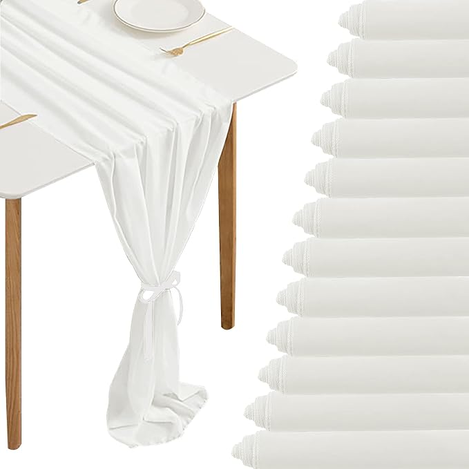 Fivenl 12 Packs White 10Ft Chiffon Table Runner 27x120 Inches Sheer Chiffon Table Runner Romantic Boho Rustic Wedding Table Runner for Wedding Birthday Party Decor Bridal Baby Shower Table Decoration