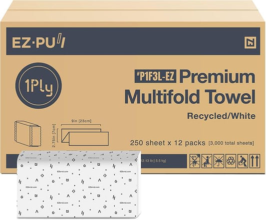 EZ-Pull Premium 1ply MULTIFOLD Paper Towels, FSC certified Recycled/White, 250 Sheets x 12 pk, P1F3L-EZ