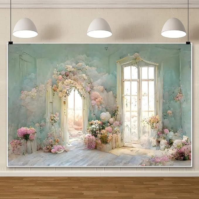 Leowefowa European Style Oil Painting Backdrop for Photography 15x8ft Vinyl Flowers Arched Door French Window Photo Background Birthday Wedding Party Banner Home Decorations Photo Studio Props