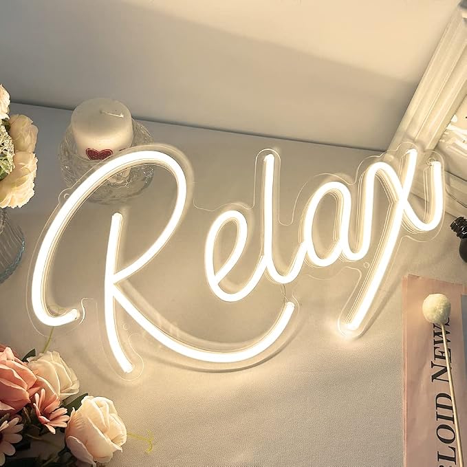 Relax Neon Sign Unique Art Ornaments with Dimmable Switch, 5V USB Powered Cool Neon Relax Signs for Wall Decor, Bedroom, Living Room, Bathroom Decoration Valentine's Day SPA Decor (Warm White)