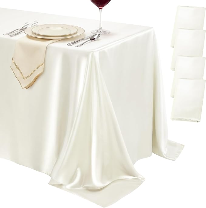 4 Pack Ivory Satin Tablecloth 58 x 102 Inches, Rectangular Satin Table Cloths for Wedding Reception, Birthday Party, Graduation & Holiday Banquet Tables