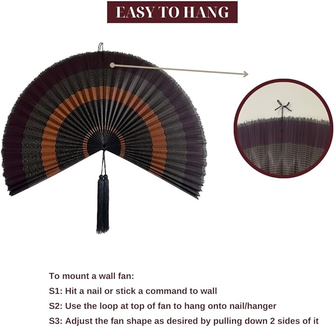 ChumDecor Fan Wall Decor,Japanese Wall Fan Decor,Large Bamboo Fan Wall Art for Boho Hanging Headboard,Decorative Folding Fan for Over Bed Decorations,Large Wall Dcor (Ebony, 48inch)