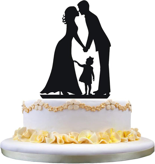 Wedding Cake Topper Silhouette Groom kiss Bride with little Girl daughter