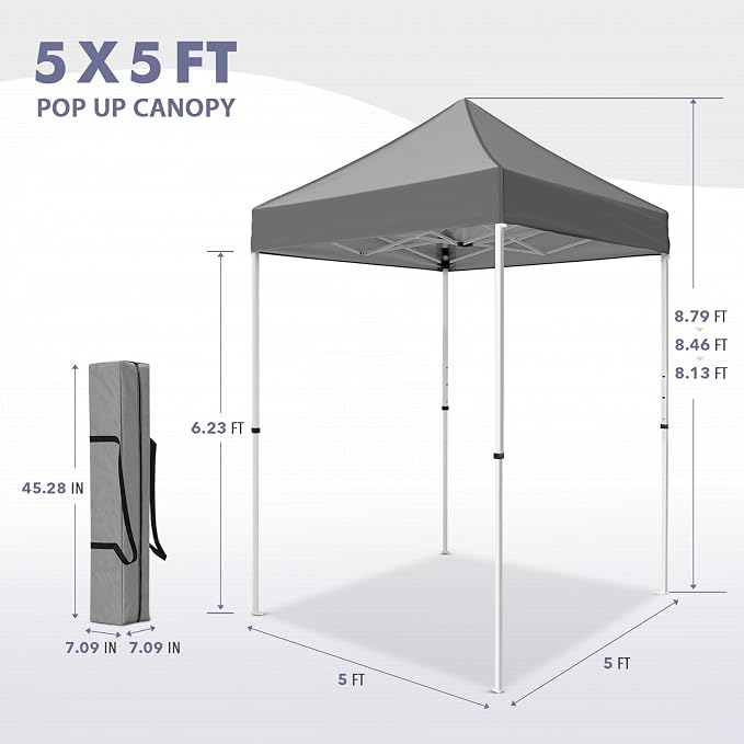 5x5 Pop Up Canopy Tent, Instant Portable Beach Canopy, Outdoor Tent with Carry Bag for Camping, Sports, Tailgating, Events, Gray