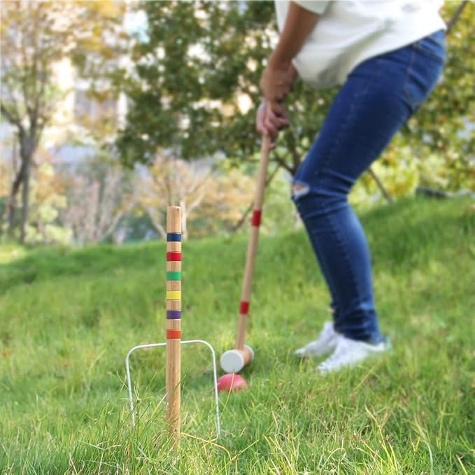 Juegoal Six Player Croquet Set with Wooden Mallets Colored Balls for Lawn, Backyard and Park, 28 Inch