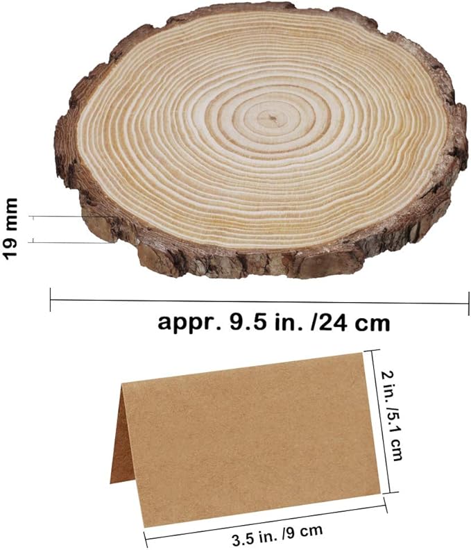 6 Pcs 8"-11" Wide Large Natural Round Wood Slices with Bark Pine Wood Slices Table Mat with 50 Pcs Kraft Place Cards for for Wedding Centerpiece DIY Woodland Projects Table Chargers Country Decor