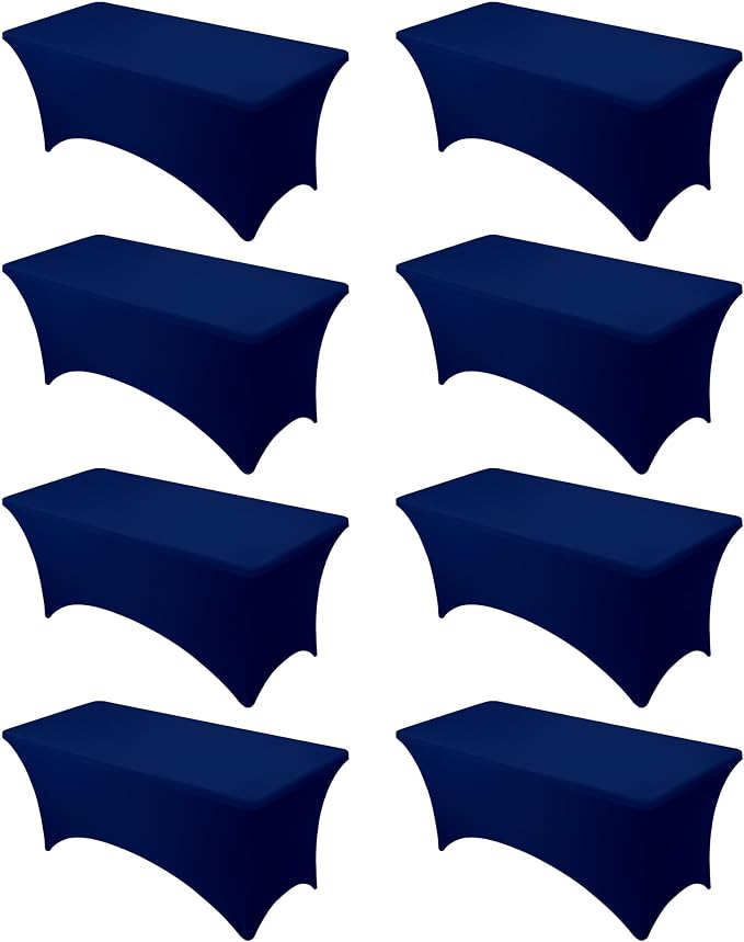 8-Pack Premium Navy Blue Spandex Tablecloths for 6ft Rectangle Tables, Stain & Wrinkle-Resistant, Washable Stretch Polyester Fitted Table Cover for Weddings, Banquets, Trade Shows Events