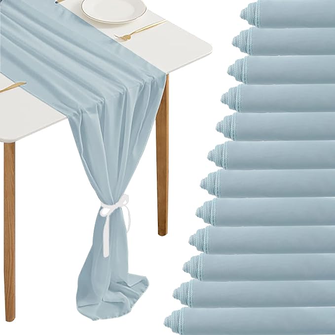 Fivenl 12 Pack Chiffon Table Runner - 27 x 120 Inches Sheer, Romantic for Wedding, Birthday, Party & Shower Decoration (Light Blue)