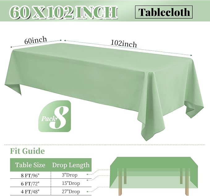 8 Pack Polyester Tablecloth 60 x 102 Inch Sage Green Tablecloth for 6 Ft Rectangle Tables,Stain and Wrinkle Resistant Washable Fabric Table Covers Polyester Table Clothes for Wedding Parties Banque