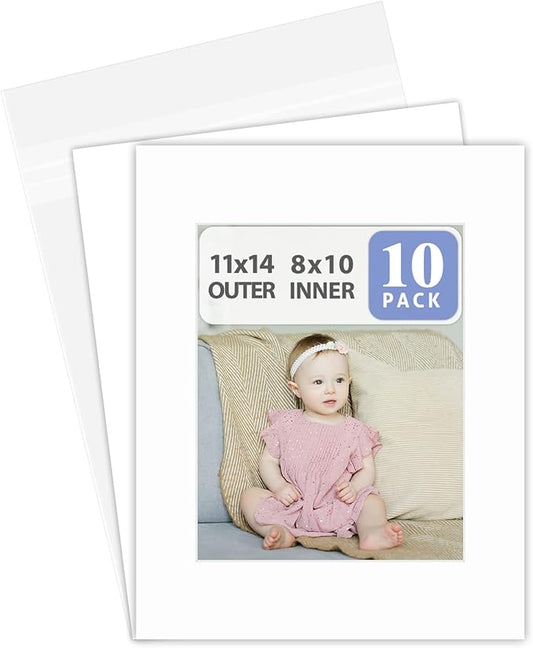 Golden State Art, Acid Free, Pack of 10 11x14 White Picture Mats Mattes with White Core Bevel Cut for 8x10 Photo + Backing + Bags