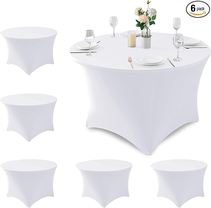 Fitted Table Cloth Round Cover 4ft-Spandex Elastic Table Covers 6 Pack 48 Inch-White Small Stretch Folding Tablecloth for Weddings Banquets Restaurant Event Parties Vendor Stand Tables