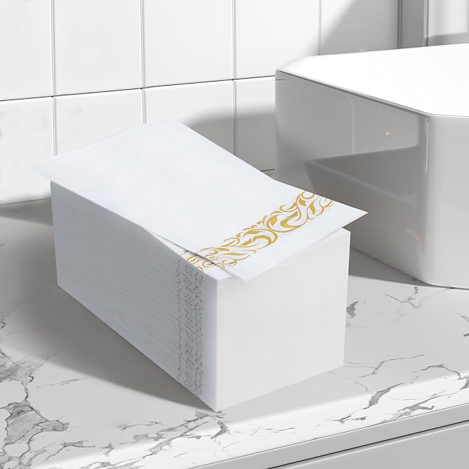 BESTVIP 400 Pack Disposable Paper Napkins,3-Ply Dinner Napkins with Gold Trim for Guests,Bathroom Paper Hand Towels Soft and Absorbent,Perfect for Christmas,Kitchen,Dinner,Party,Wedding or Event