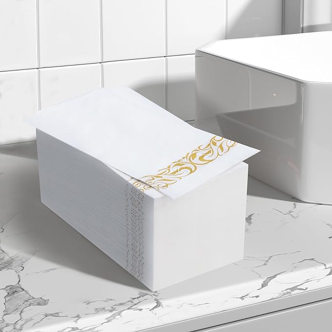 BESTVIP 200 Pack Disposable Paper Napkins, 3-Ply Dinner Napkins with Gold Trim for Guests, Bathroom Paper Hand Towels Soft and Absorbent, Perfect for Kitchen, Dinner, Party, Wedding or Event
