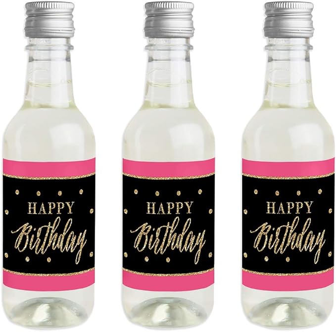 Big Dot of Happiness Chic Happy Birthday - Pink, Black and Gold - Mini Wine and Champagne Bottle Label Stickers - Birthday Party Favor Gift for Women and Men - Set of 16
