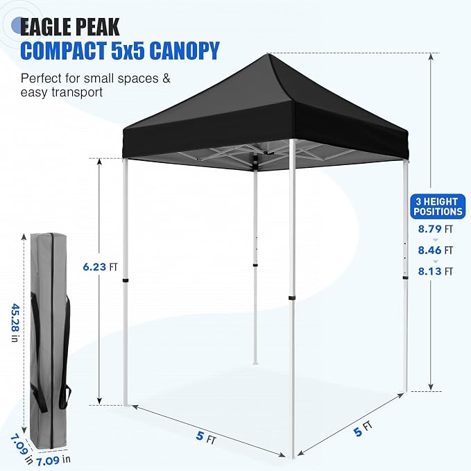EAGLE PEAK 5x5 Pop Up Canopy Tent Instant Outdoor Canopy Easy Set-up Straight Leg Folding Shelter, Black