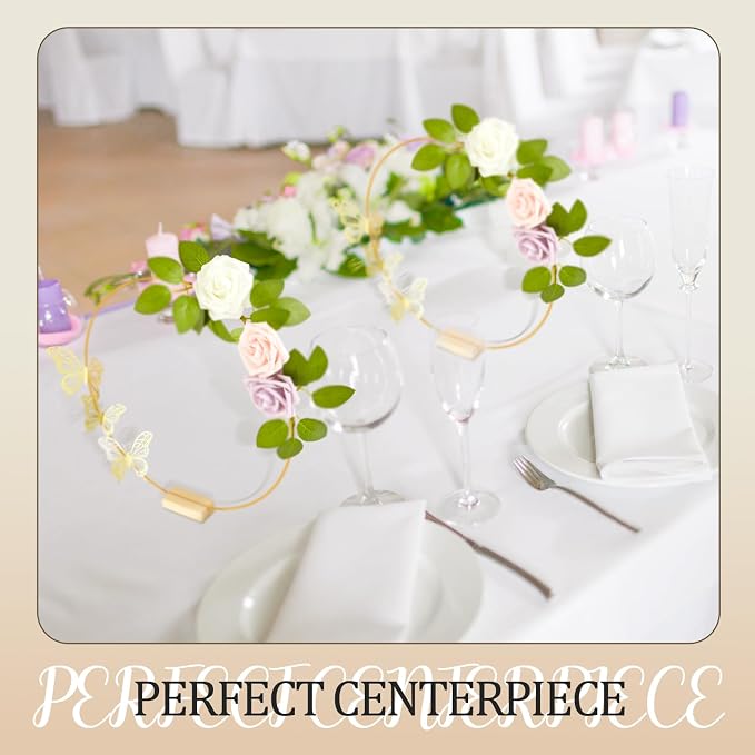 Vercraft 12 Set butterfly Metal Floral Hoop Table Centerpieces Include Metal Ring with Base 3D Butterfly Decoration, PE Foam Flower, Adhesive Dots, Gold Wires for DIY Wedding Baptism Party(Round)