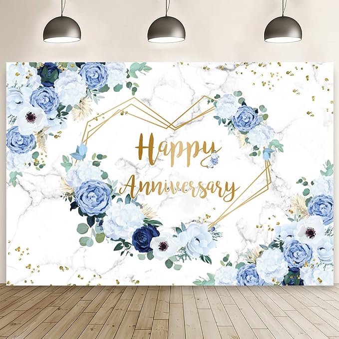 MEHOFOND 8x6ft Happy Anniversary Backdrop Blue and White Floral Wedding Anniversary Photography Background Hearts Geometric Couple Wedding Women Birthday Party Cake Smash Decor Studio Photo Props