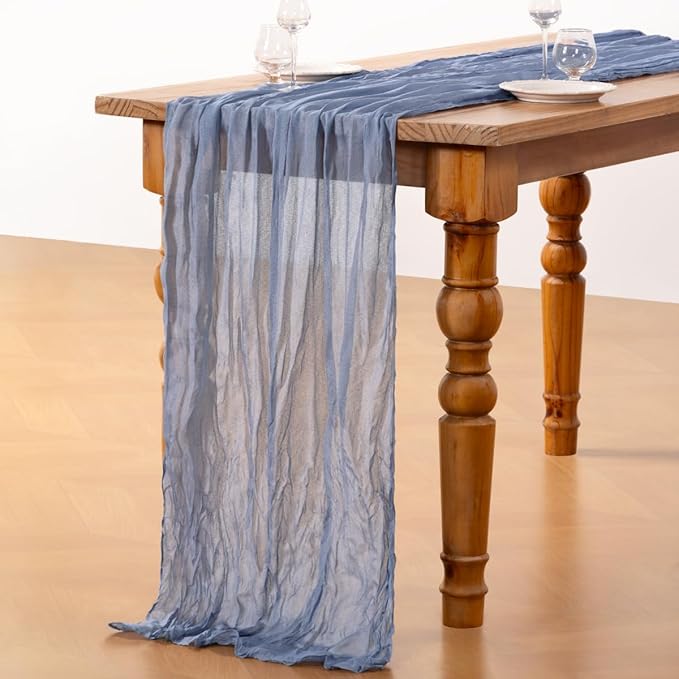 DeZerlor Dusty Blue Cheesecloth Table Runner 10 Pack Spring Easter Table Runners Boho Gauze 120 Inches Blue Table Decor for Wedding Bridal Baby Shower Parties