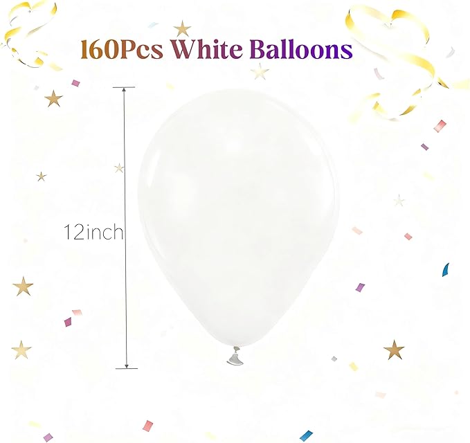 160Pcs White Balloons 12 Inch Latex Balloons for Baby Shower Birthday Wedding Party Decorations