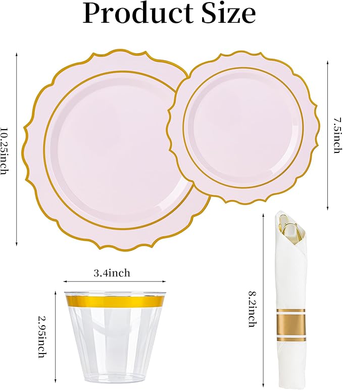 350PCS Pink Plastic Plates, Gold Plastic Dinnerware Sets for 50 Guests, Include 100 Disposable Plates, 50 Cups and 50 Pre Rolled Napkins for Mother's Day, Party and Wedding