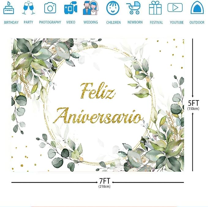 Ticuenicoa 7x5ft Feliz Aniversario Backdrop Mexican Happy Anniversary Photography Background Greenery Cheers to 10 Years 50th Wedding Birthday Party Supplies Decorations Banner Photo Booth Props Gifts