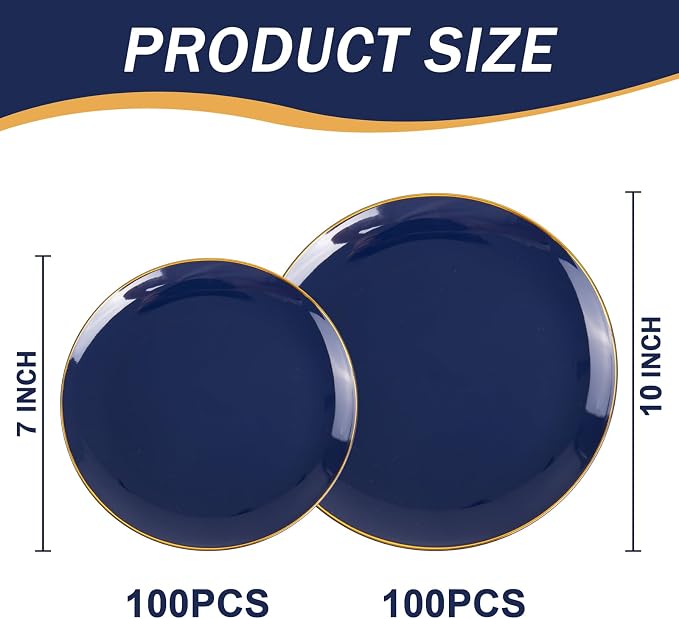 bUCLA 200PCS Blue Plastic Plates - Navy Blue Disposable with Gold Rim Include 100 Each (10 inch Dinner & 7 inch Dessert) Plates, Ideal for Party & 4th of July