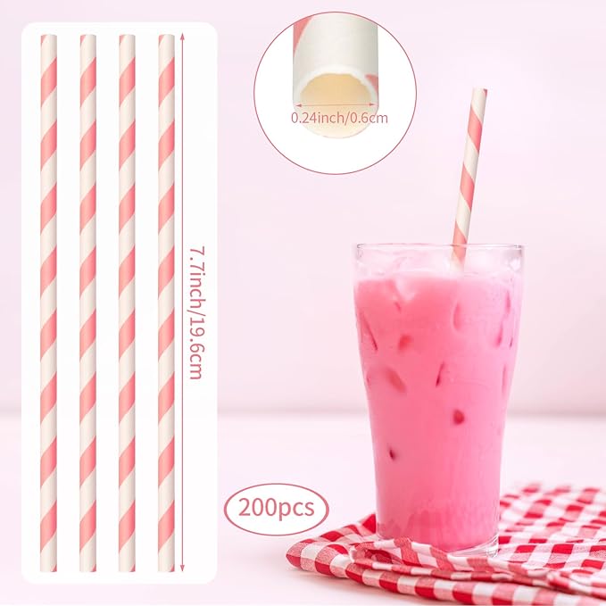 200 Pack Pink Straws Disposable Pink and White Paper Straws Biodegradable Striped Straw for Valentine's Day Christmas New Year Bridal Shower Birthday Wedding Decoration