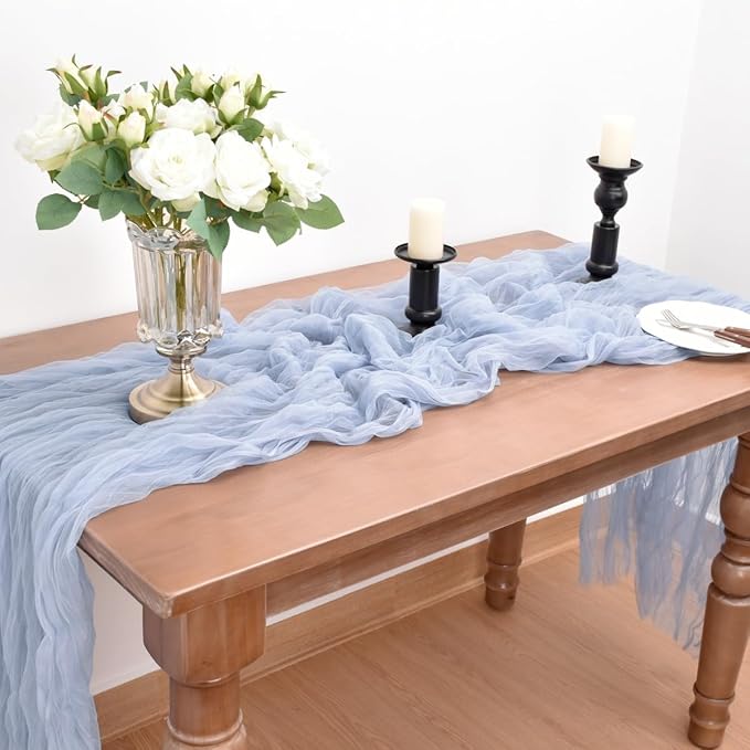 Joanlody Blue Cheesecloth Table Runner Spring Summer 10Ft Rustic Gauze Boho Cheese Cloth Table Runner for Wedding Bridal Baby Shower Decoration
