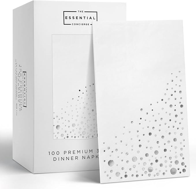 Stylish White and Silver Napkins, 100 Silver Dinner Napkins, Disposable Napkins for Party, Napkins, 7.5x 4.25 Inch Disposable Dinner Napkins, Wedding Napkins for Reception, 3Ply Fancy Paper Napkins