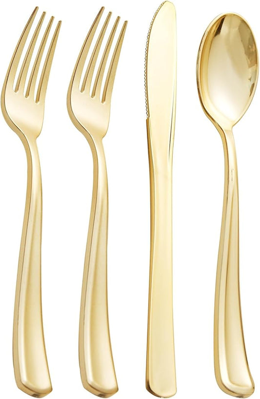 Supernal 360pcs Gold Plastic Silverware Heavy Duty Disposable Cutlery Gold flatware Sets Include 120 Forks, 120 Knives, 120 Spoons, Suitable for Party, Birthday, Wedding