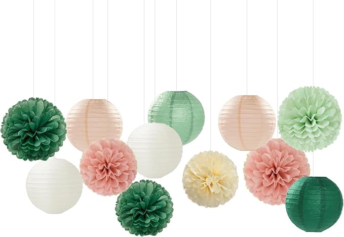 Sage-Green Pink Party-Decorations Paper-Flowers Lanterns - 15PCS Birthday Boho Rustic Tissue Pom Poms Streamers,Baby Shower Neutral Wedding Graduation Bridal Safari Hanging Supplies Decor Hugfond