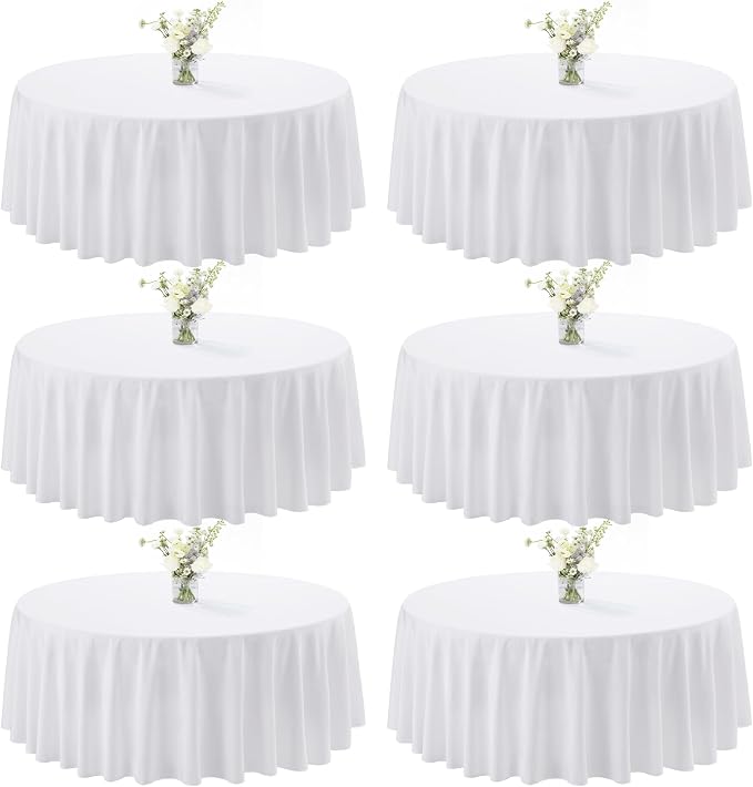 joybest 6 Pack Round Tablecloths 90 Inch White Polyester Table Cloth for 30-60 Inch Tables, Stain and Wrinkle Resistant Washable Fabric Table Cover for Wedding, Party, Reception, Banquet