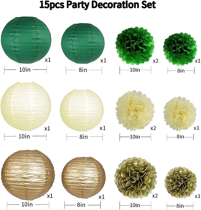 Green Gold Party Decorations, Hanging Paper Lanterns and Pom Poms Flowers for Woodland Baby Shower Graduation Green Birthday Party Decor 15 Pieces