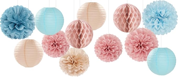 Dusty-Blue Pink Party-Decorations Paper Lanterns - 15pc Gender Reveal Tissue Pom Poms Streamers,Birthday Bachelorette Bridal Baby Shower Engagement Wedding Decor Panduola