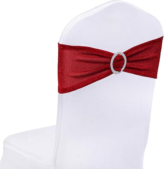 SquarePie Pack of 50 Red Chair Sashes Bows with Buckle Slider Universal Elastic Spandex Bands Ties for Banquet Event Decor