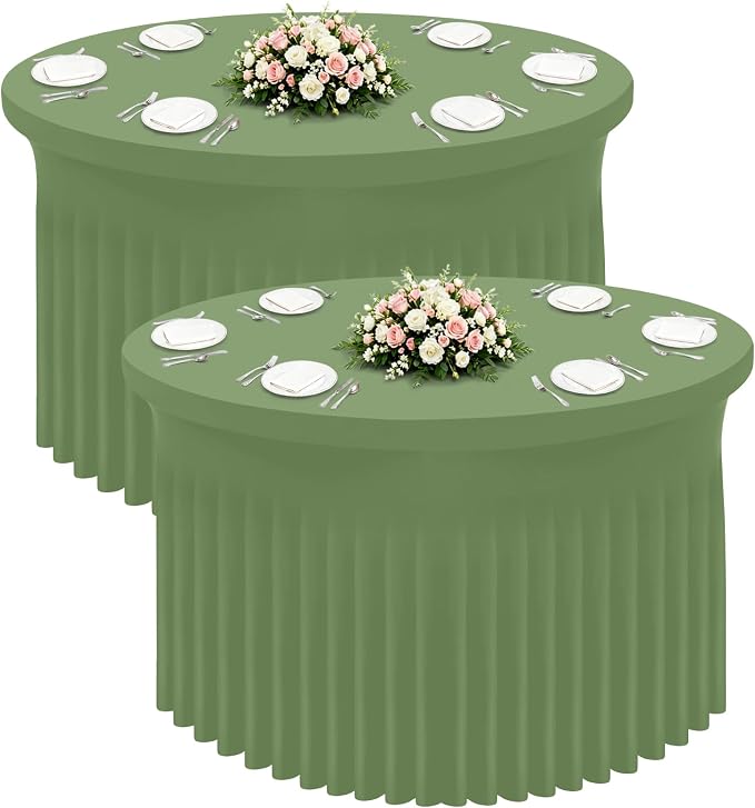 Smiry Round Spandex Tablecloth 2 Pack, Elastic Fitted Washable Tablecloths for 60 Round Tables, Waterpoof Stretch Table Cover Skirt for Outdoor, Wedding, Banquet & Parties, Sage Green