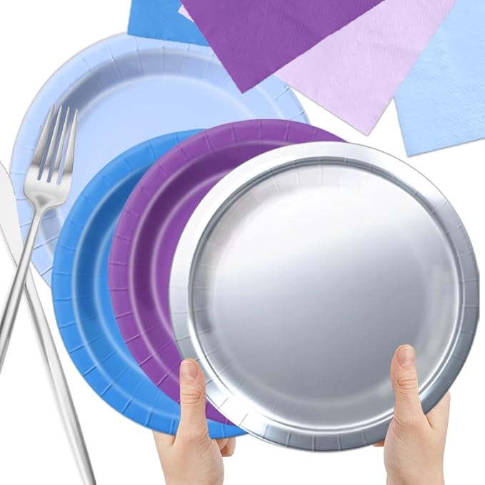 CMUSKO Winter Wonderland Decorations - 60Pcs Blue Purple Snowflake Plates & Napkins Set Winter Wonderland Tableware for Birthday Christmas New Year