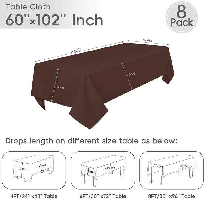 8 Pack Brown Tablecloth 60 x 102 Inch Rectangular Table Cloth for 6 Foot Rectangle Tables, Wrinkle Resistant Washable Rectangle Fabric Table Covers for Wedding Party Banquet Buffet and Camping
