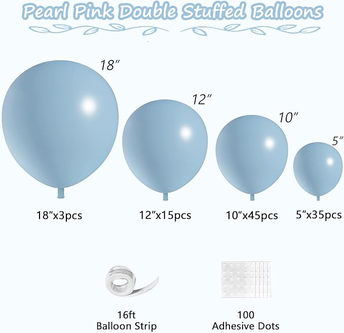 Dusty Blue Balloons, 98PCS Double Stuffed Blue Balloon Garland Arch Kit, 18/12/10/5 Inch Different Sizes for Baby Shower Birthday Gender Reveal Neutral Party Decorations