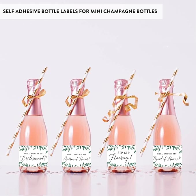 Andaz Press Mini Champagne Wine Bottle Proposal Labels, Will You Be My Bridesmaid? Matron Maid of Honor?, Greenery Green Leaves, 20-Pack, Stickers
