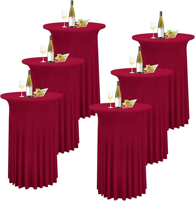 6 Packs Round Cocktail Table Skirt 32"x 43" Spandex Stretch Cocktail Tablecloth with Wavy Drapes, Wine Red Spandex Fitted High Top Table Covers for Wedding Bar Party Birthday Banquet Tables