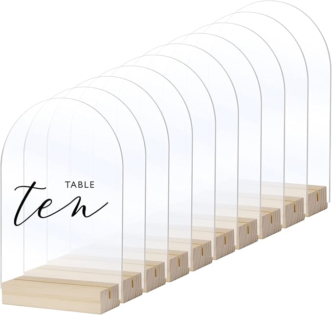 20 Pack Clear Arch Acrylic Sign with Wood Stand- 5x7 Inch Blank Clear Arch Acrylic Sign and 4 Inch Wood Base for DIY Wedding Table Numbers