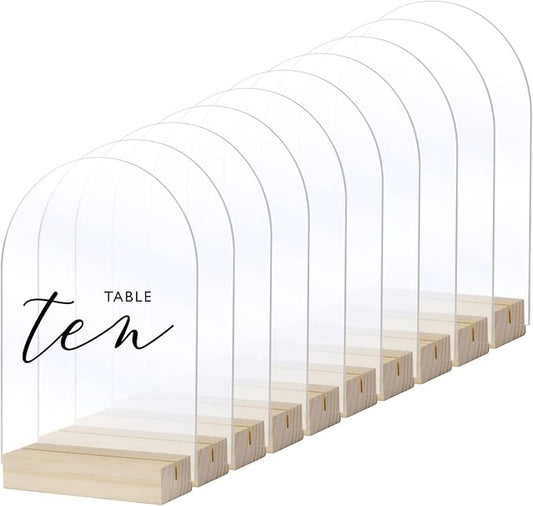 20 Pack Clear Arch Acrylic Sign with Wood Stand- 5x7 Inch Blank Clear Arch Acrylic Sign and 4 Inch Wood Base for DIY Wedding Table Numbers