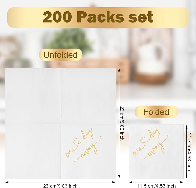 Crtiin 200 Pcs One Day Away Rehearsal Dinner Cocktail Napkins One Day Away Party Supplies Disposable Paper Napkins in Bulk for Wedding Rehearsal Dinner Beverage Table Decorations, 4.5 x 4.5 Inch Gold