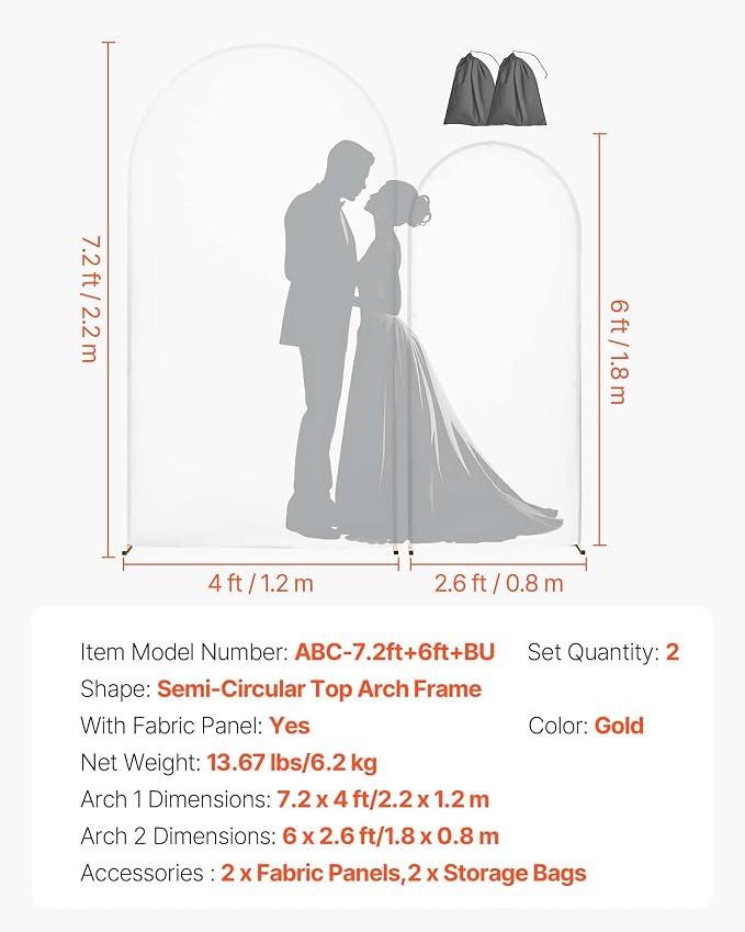 VEVOR Arch Backdrop Stand, Set of 2, 7.2 ft and 6 ft, Stable Structure, Easy Assembly, Gold Metal Arch Backdrop Stand with Cover for Wedding, Birthday Party, Celebration, and Ceremony Decoration