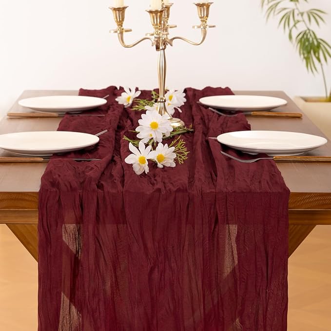 Socomi 6pcs Burgundy Red Valentine's Day Cheesecloth Table Runner Boho Rustic Gauze 120 inch 10FT Cheese Cloth Runner for Wedding Party Baby Shower Birthday Home Decor Holiday Decorations