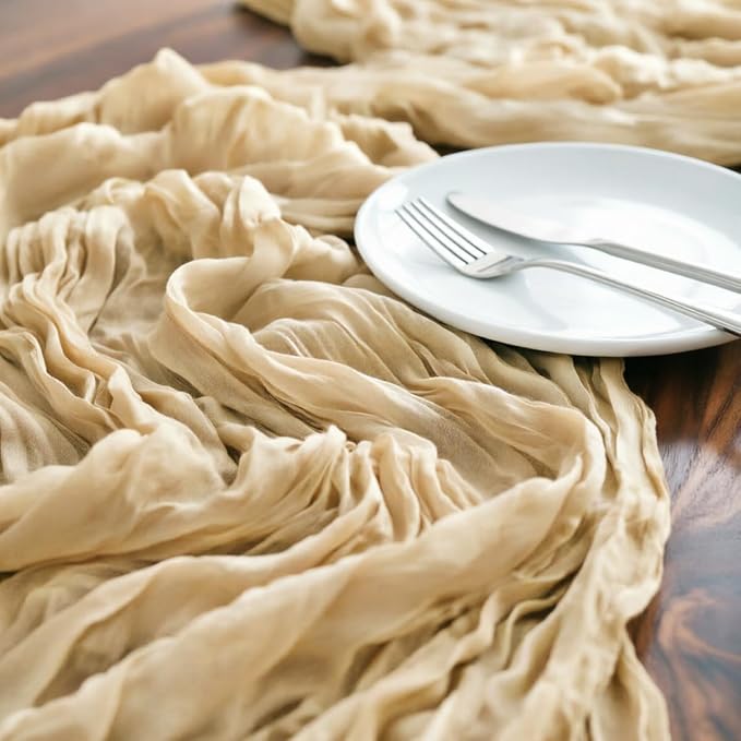 LINXTAR Beige Cheesecloth Table Runner 120 Inches 10Ft Gauze Summer Boho Table Runner for Wedding Tea Party Baby Shower Bridal Birthday Home Decoration