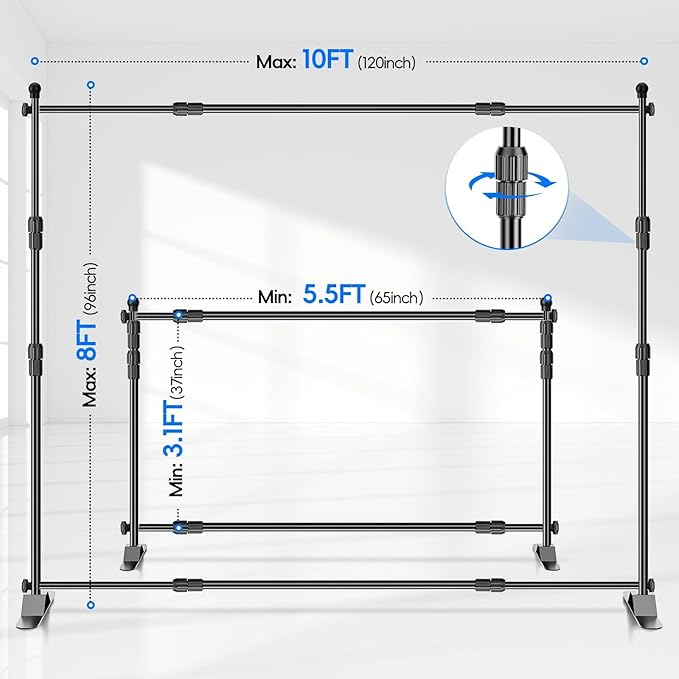 EMART Adjustable Photo Backdrop Banner Stand with 10 X 8ft（W X H） Telescopic Tubes, Suitable for Trade Shows, Professional Photography Booths, and Step and Repeat Background Displays
