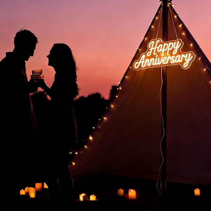 Happy Anniversary Neon Sign - 15.75" Dimmable LED Wall Decor Light, USB Romantic Gift for Couples,Business Celebrate Banner，Party Wedding Anniversary Decorations