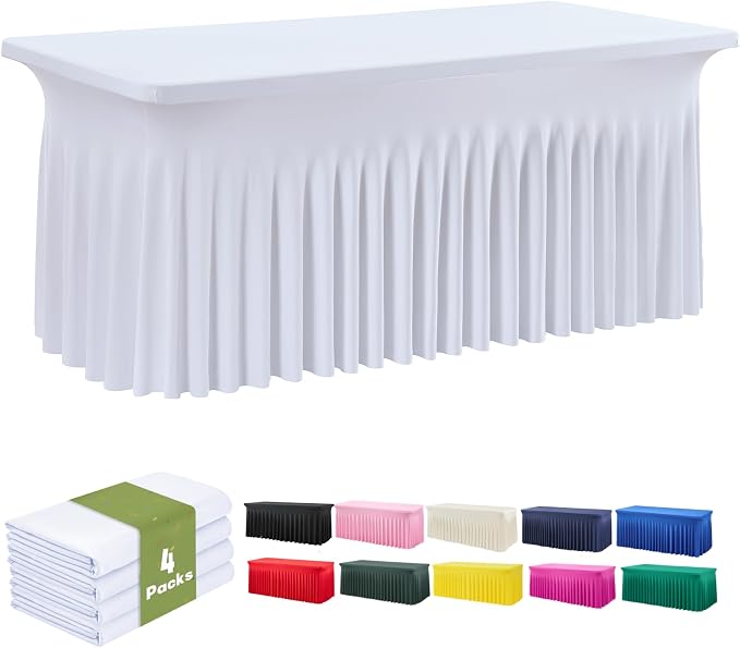 leegleri 4 Pack White Spandex Table Clothes for 8 Foot Rectangle Tables, Wrinkle Free 8ft Fitted Table Cover, Spandex Table Skirt for 8FT Rectangle Tables-for Banquet Weddings Parties